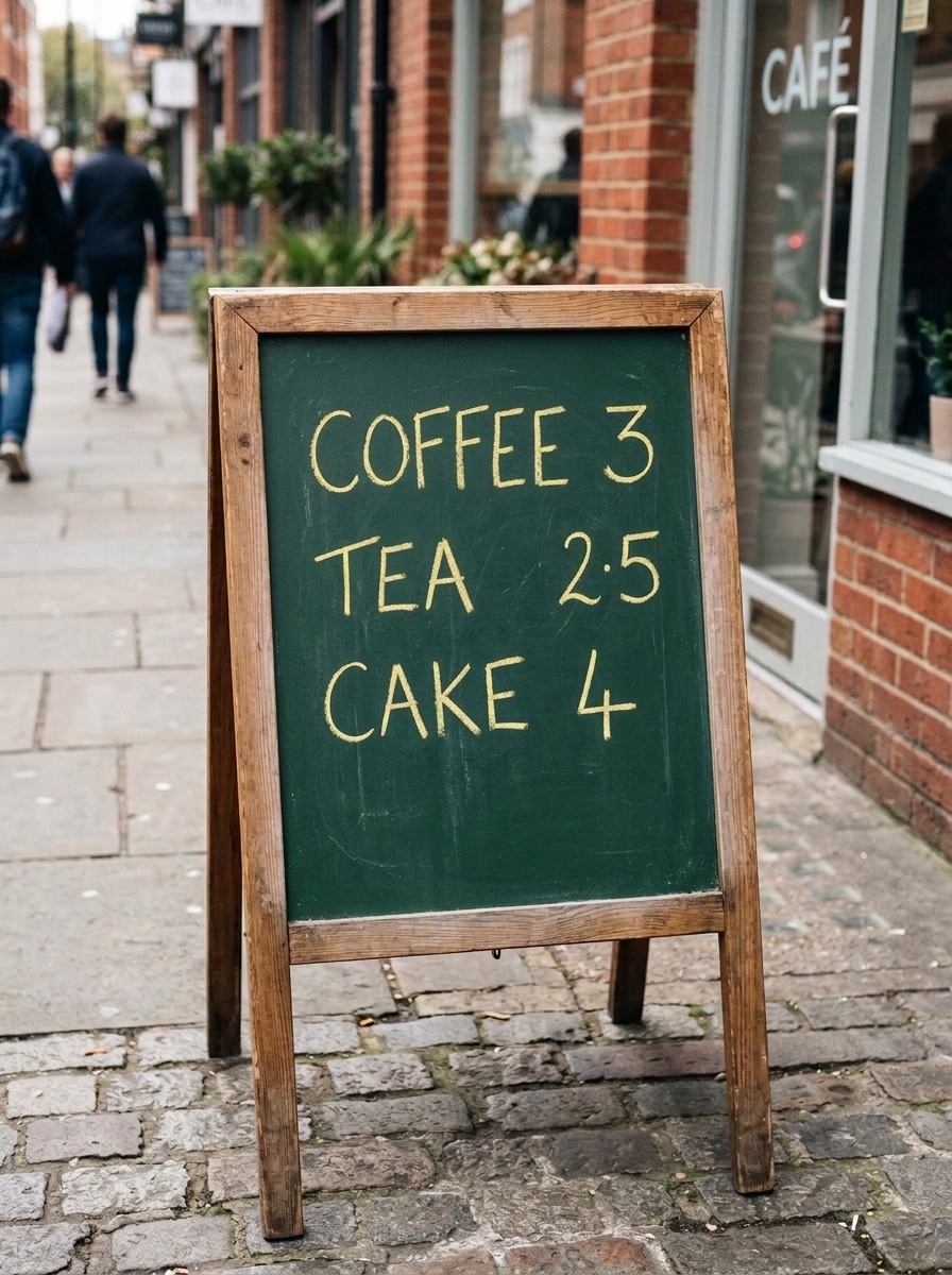 The same chalkboard sign with all three lines of chalk handwriting now yellow on the dark green board, outside a brick cafe.