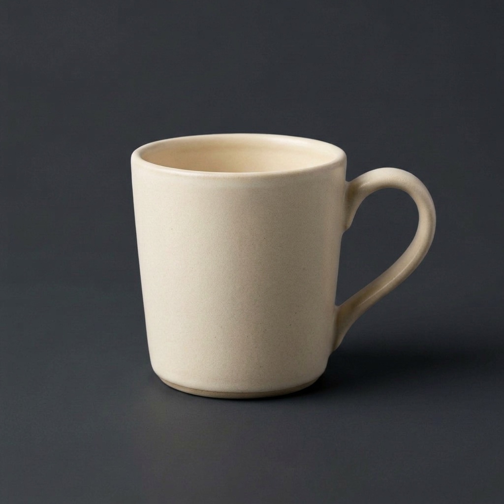 The same cream mug on a dark charcoal grey background, with a faint shadow on its right.