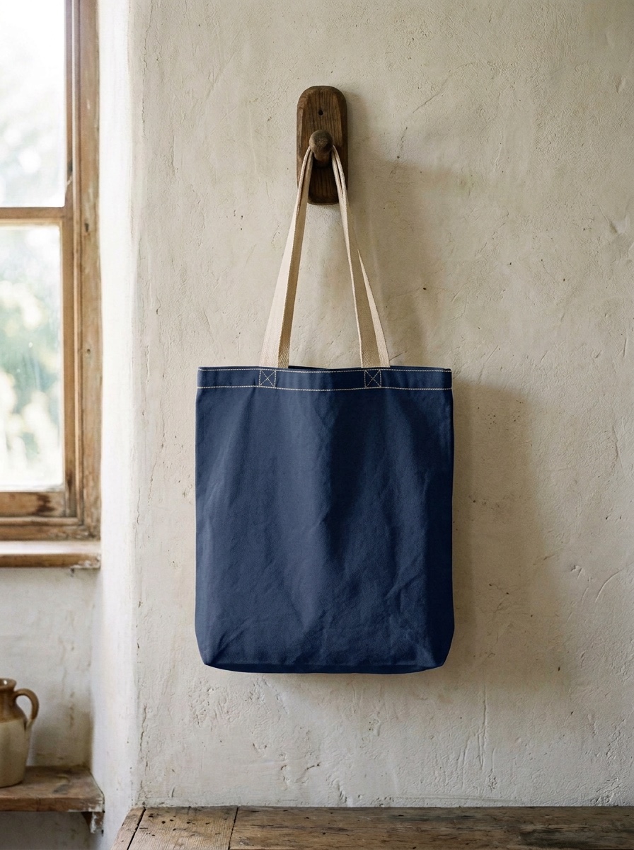 The same canvas tote bag now in navy blue with cream straps, hanging from the wooden peg on the plaster wall.