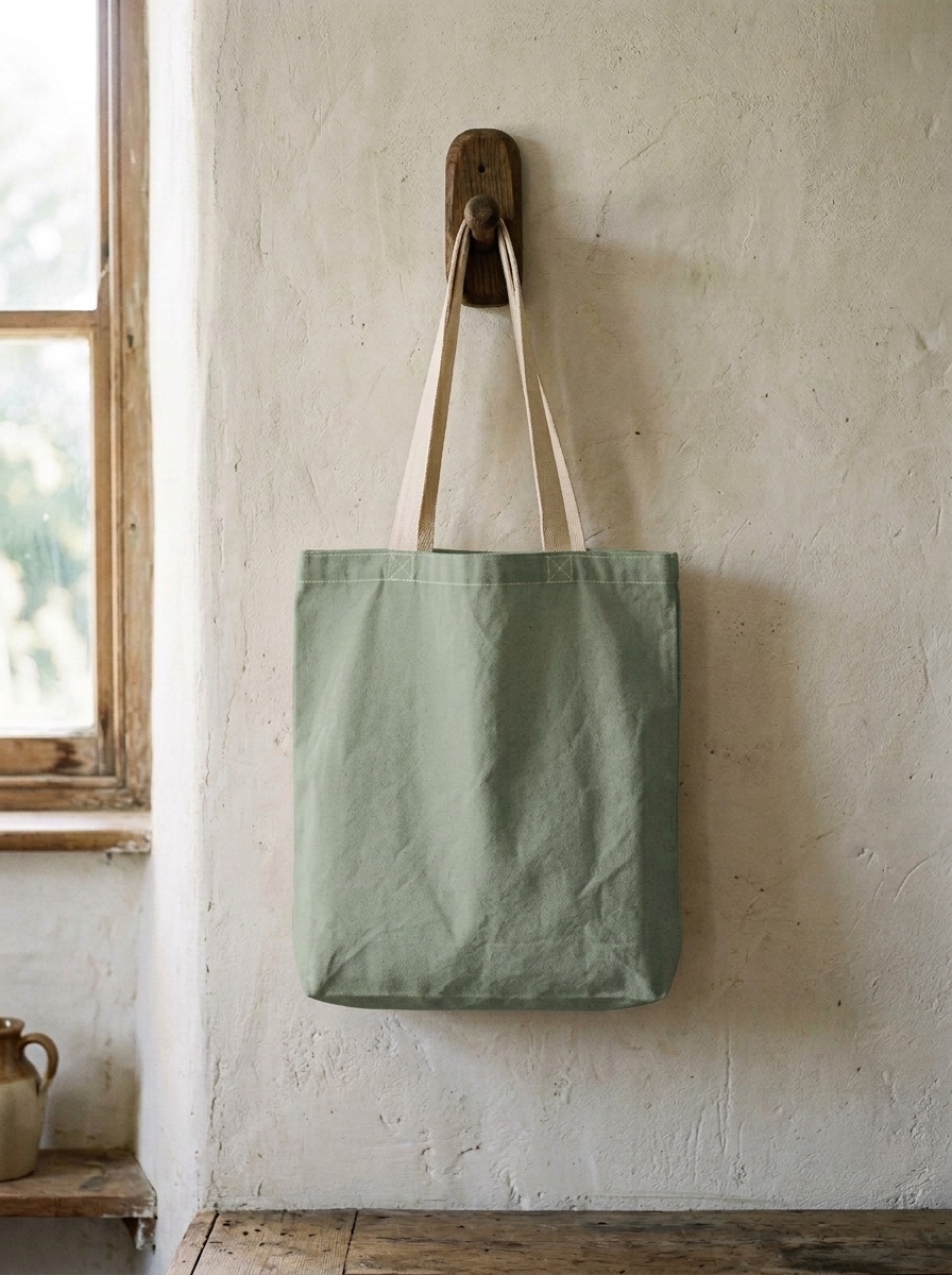 The same canvas tote bag now in sage green with cream straps, hanging from the wooden peg on the plaster wall.