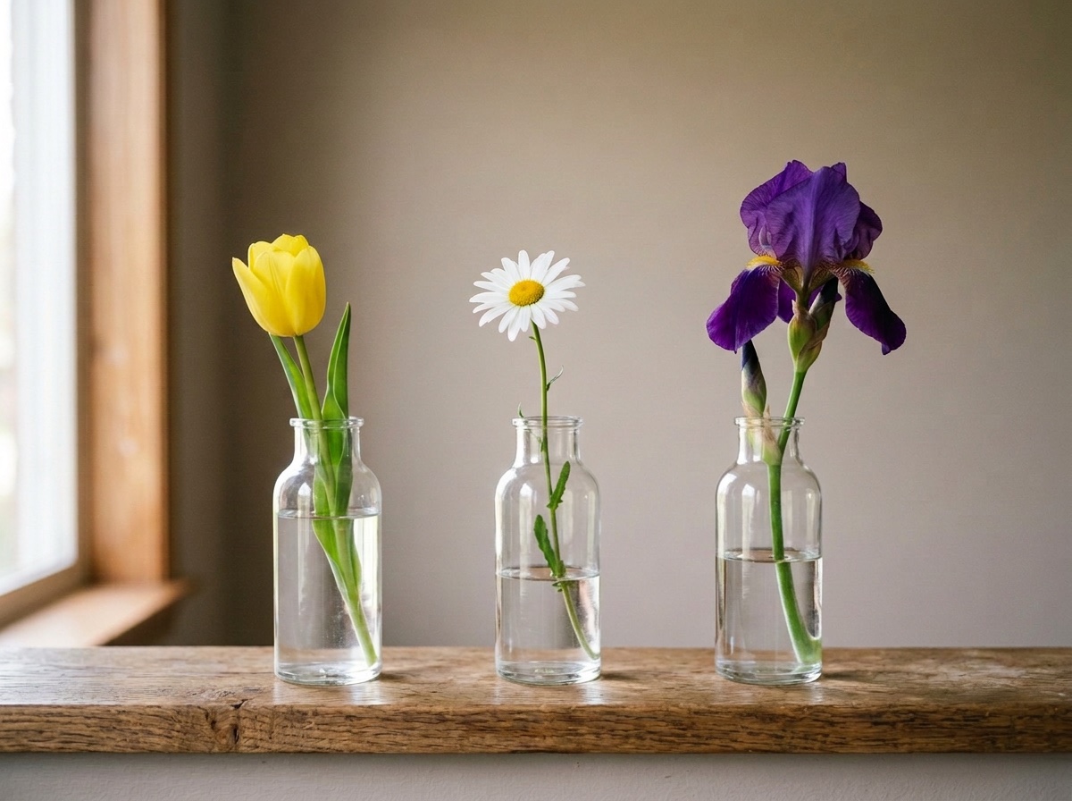 The three glass vases on the shelf, with the tulip now yellow and the white daisy and purple iris unchanged beside it.